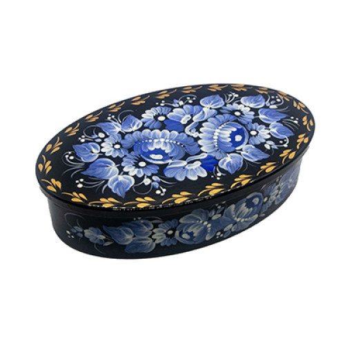 An oval wooden casket with gentle sky-blue flowers, hand-painted in Petrykivskyi painting technique, 5,7х3,3х1,4 inches