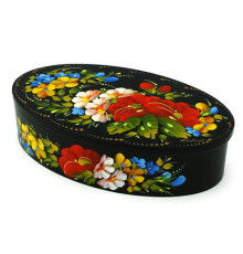 An oval wooden casket with bright flowers, hand-painted in Petrykivskyi painting technique, 5,7х3,3х1,4 inches