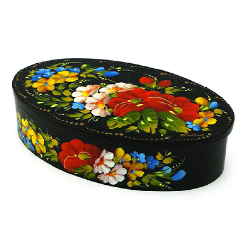 An oval wooden casket with bright flowers, hand-painted in Petrykivskyi painting technique, 5,7х3,3х1,4 inches