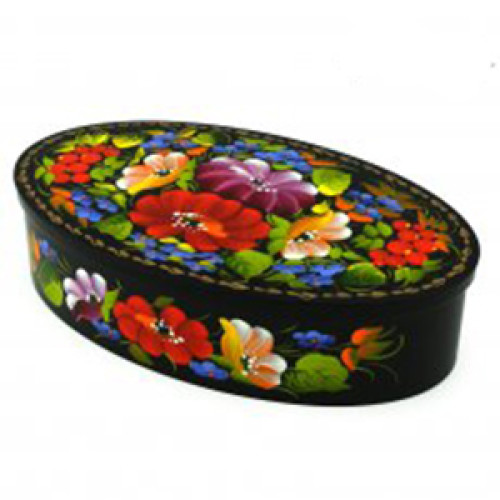 An oval wooden casket with bright flowers, hand-painted in Ukrainian Petrykivskyi painting technique, 5,7х3,3х1,4 inches