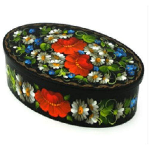 An oval wooden casket with sunflowers and camomiles, hand-painted in Ukrainian - Petrykivskyi painting technique, 5,7х3,3х1,4 inches