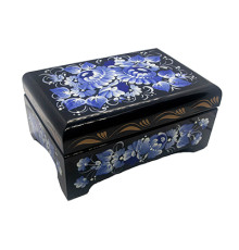 A black wooden casket with gentle sky-blue flowers, hand-painted in Petrykivskyi painting technique, 4,9х3,3х2,2 inches