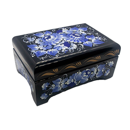 Шкатулка дерев'яна, чорна, з ніжними блакитними квітами, розписана в техніці "Петриківський розпис", 12,5х8,5х5,5 см