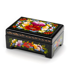 A black wooden casket with bright red poppy flowers, hand-painted in Petrykivskyi painting technique, 4,9х3,3х2,2 inches