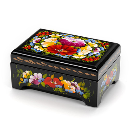 A black wooden casket with bright red poppy flowers, hand-painted in Petrykivskyi painting technique, 4,9х3,3х2,2 inches