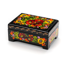 A black wooden casket with sunflowers and poppy flowers, hand-painted in Ukrainian Petrykivskyi painting technique,