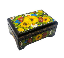 A black wooden casket with bright sunflowers, hand-painted in Petrykivskyi painting technique, 4,9х3,3х2,2 inches