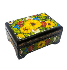 A black wooden casket with bright sunflowers, hand-painted in Petrykivskyi painting technique, 4,9х3,3х2,2 inches