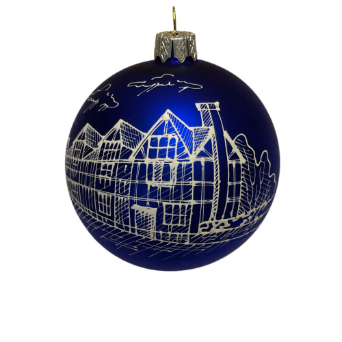 Glass ball, Stratford-upon-Avon, blue , handmade, 8 cm in a tube