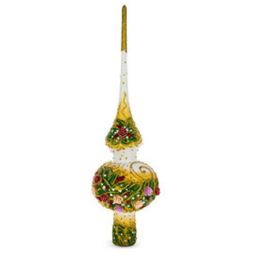 A white handmade glass Christmas tree topper with an artistic painting, embellished with glitter, pearls and 3D roses, 11 inches