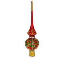 Верхівка на ялинку скляна, червона, оздоблена глітером та декорована білими перлинами, ручна робота, 28 см