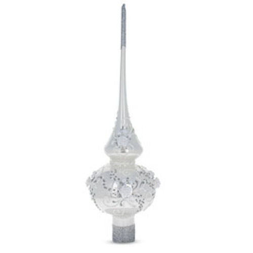 A specular handmade glass Christmas tree topper embellished with glitter, 3D roses and pearls, 11 inches