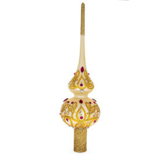 A champagne handmade glass Christmas tree topper embellished with glitter and precious stones, 11 inches