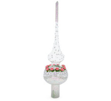 A transparent handmade glass Christmas tree topper with a lace ornament, embellished with 3D roses and glitter,