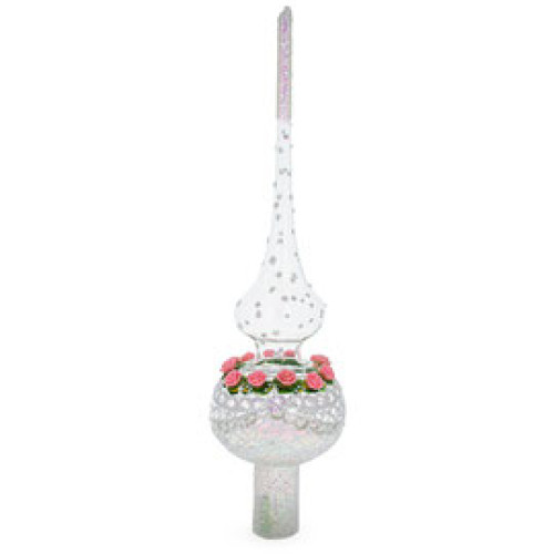 A transparent handmade glass Christmas tree topper with a lace ornament, embellished with 3D roses and glitter,