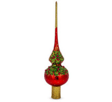 A red handmade glass Christmas tree topper embellished with glitter, pearls and relief Poinsettia flowers, 11 inches