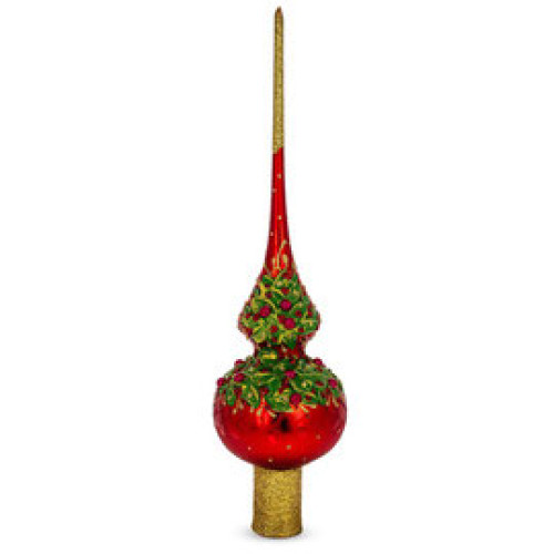 A red handmade glass Christmas tree topper embellished with glitter, pearls and relief Poinsettia flowers, 11 inches