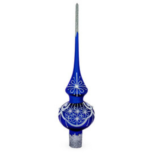 Верхівка на ялинку скляна, синя, оздоблена глітером та перлинами, з ніжним орнаментом "Полярна зірка", 28 см