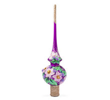 A purple handmade glass Christmas tree topper with a bright flower painting, embellished with glitter, precious stones and 3D roses, 11 inches