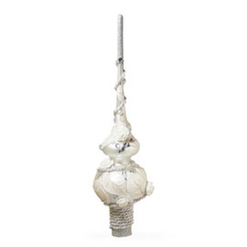 Верхівка на ялинку скляна, біла, з рельєфними елементами, оздоблена коштовними каменями та 3D квітами трояди, ручна робота, 28 см