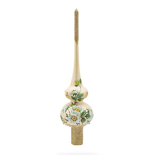 Верхівка на ялинку скляна, кольору "шампань", оздоблена глітером та коштовними каменями, з художнім розписом  ручної роботи "Білі квіти", 28 см