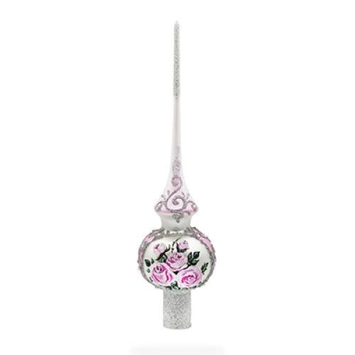 A silver handmade glass Christmas tree topper with an artistic painting, embellished with glitter and precious stones "A bouquet of roses", 11 inches