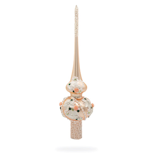 Верхівка на ялинку скляна, кольору "шампань", з рельєфними елементами, оздоблена коштовними каменями та 3D квітами, ручна робота, 28 см