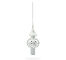 A silver handmade glass Christmas tree topper with relief elements, embellished with glitter and precious stones, 11 inches