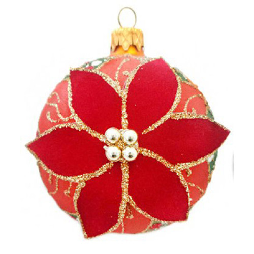 A golden handmade glass Christmas tree ball with a voluminous poinsettia flower, 3,25 inches