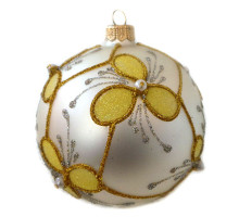 A champagne handmade glass Christmas tree ball with a gentle flower ornament and bead shaped pearls, 3,25 inches