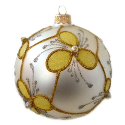 A champagne handmade glass Christmas tree ball with a gentle flower ornament and bead shaped pearls, 4 inches