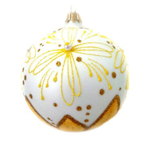 A white handmade glass Christmas tree ball with a gentle golden ornament and embellished with decorative beads, 4 inches