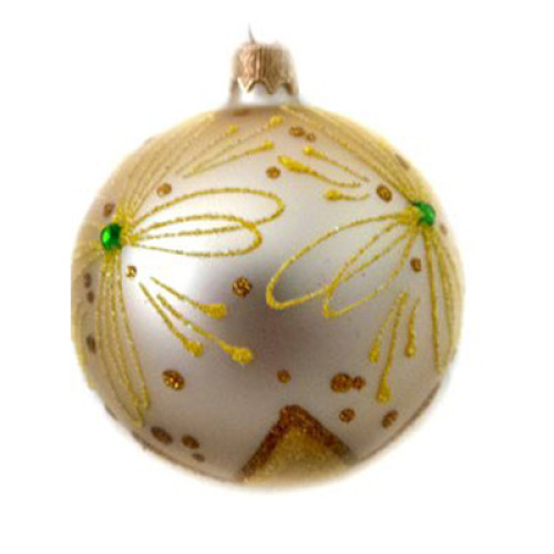 Куля скляна, кольору "шампань", з ніжним золотим орнаментом та декоративним бісером, ручна робота, 8 см