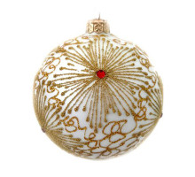 A white handmade glass Christmas tree ball with a unique golden ornament and embellished with decorative beads, 3,25 inches