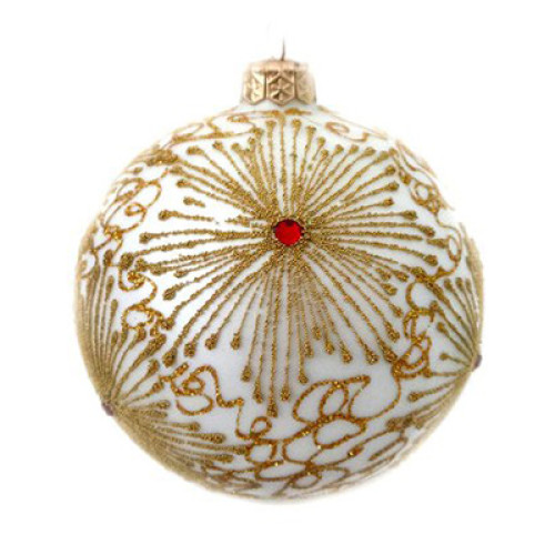 A white handmade glass Christmas tree ball with a white winter ornament and embellished with decorative beads, 4 inches