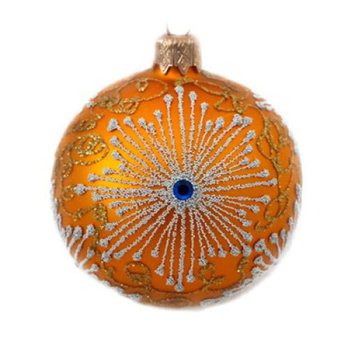 A golden handmade glass Christmas tree ball with a white winter ornament and embellished with decorative beads, 3,25 inches