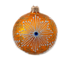 A golden handmade glass Christmas tree ball with a white winter ornament and embellished with decorative beads, 4 inches