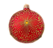 A red handmade glass Christmas tree ball with a golden winter ornament and embellished with decorative beads, 4 inches