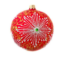 A red handmade glass Christmas tree ball with a white winter ornament and embellished with decorative beads, 4 inches