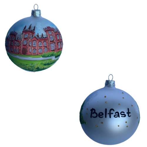 Glass ball, silver, with the image of "Belfast" architecture, 10 cm