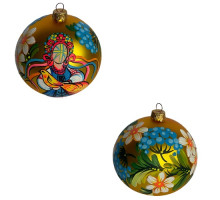 Glass ball, handmade, "Motanka", gold, red, 10 cm