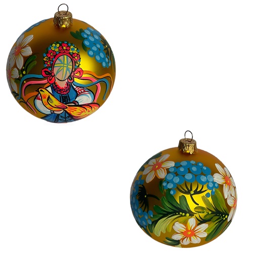 Glass ball, handmade, "Motanka", gold, red, 10 cm