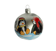 Куля скляна, біла, з художнім розписом ручної роботи, "Два пінгвіна", 8 см