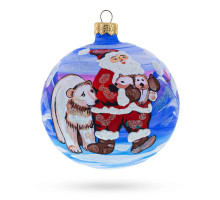 Куля скляна, синя, з художнім розписом ручної роботи, "Санта з ведмедями",  8 см