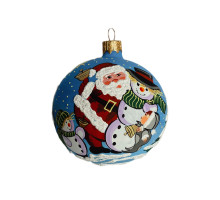 Куля скляна, синя, з художнім розписом ручної роботи, "Санта з сніговиком", 8 см