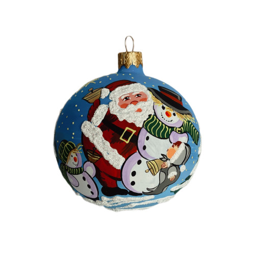 Куля скляна, синя, з художнім розписом ручної роботи, "Санта з сніговиком", 8 см