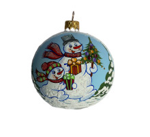 Куля скляна, ,біла, з художнім розписом ручної роботи, "Сім'я сніговиків",  8 см