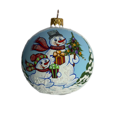 Куля скляна, ,біла, з художнім розписом ручної роботи, "Сім'я сніговиків",  8 см