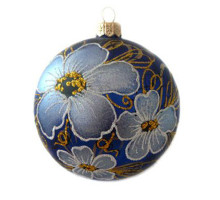 Куля скляна, синя, з ніжними білими квітами, декорована золотим глітером, ручна робота,  10 см