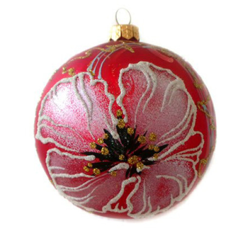 A red handmade glass Christmas tree ball with gentle white flowers and embellished with golden glitter, 3,25 inches